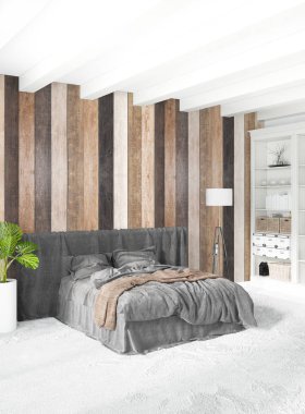 Beyaz yatak odası en az stil iç tasarım ahşap duvar ve gri Kanepeli. 3D render. 3D çizim