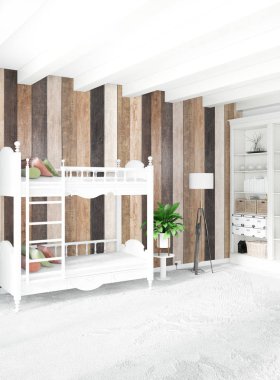 Beyaz yatak odası en az stil iç tasarım ahşap duvar ile. 3D render. 3D çizim
