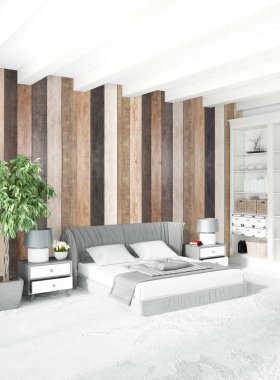 Beyaz yatak odası en az stil iç tasarım ahşap duvar ve gri Kanepeli. 3D render. 3D çizim