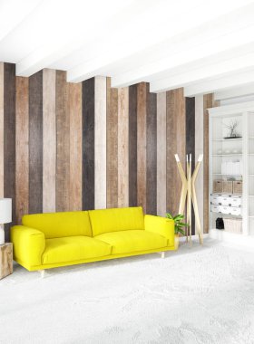 En az yatak odası iç tasarım ahşap duvar, sarı kanepe. 3D render. 3D çizim