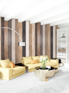 En az yatak odası iç tasarım ahşap duvar, sarı kanepe. 3D render. 3D çizim