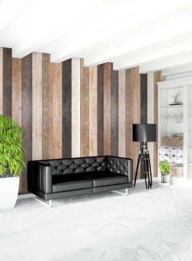 Beyaz yatak odası en az stil iç tasarım ahşap duvar ile. 3D render. 3D çizim