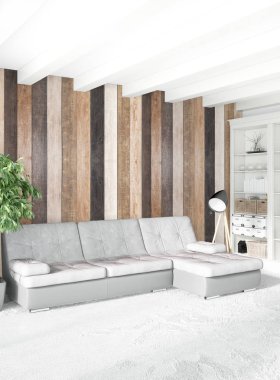 Beyaz yatak odası en az stil iç tasarım ahşap duvar ve gri Kanepeli. 3D render. 3D çizim
