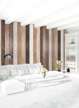 Beyaz yatak odası en az stil iç tasarım ahşap duvar ile. 3D render. 3D çizim