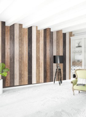 Beyaz yatak odası en az stil iç tasarım ahşap duvar ile. 3D render. 3D çizim