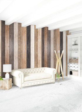 Beyaz yatak odası en az stil iç tasarım ahşap duvar ile. 3D render. 3D çizim