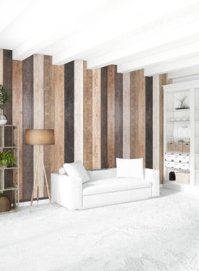 Beyaz yatak odası en az stil iç tasarım ahşap duvar ile. 3D render. 3D çizim