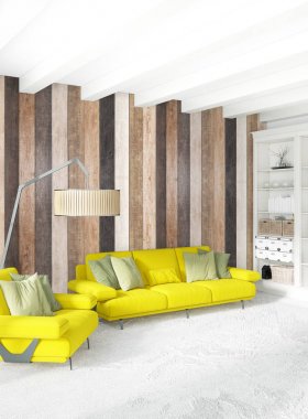 En az yatak odası iç tasarım ahşap duvar, sarı kanepe. 3D render. 3D çizim