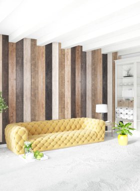 En az yatak odası iç tasarım ahşap duvar, sarı kanepe ve boş bir çerçeve içine boşaltmak. 3D render. 3D çizim