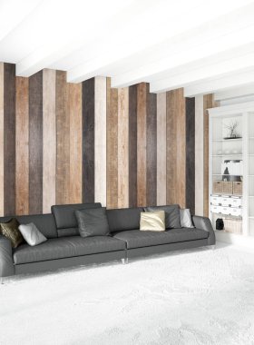 Beyaz yatak odası en az stil iç tasarım ahşap duvar ve karanlık Kanepeli. 3D render. 3D çizim