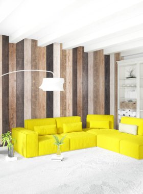 En az yatak odası iç tasarım ahşap duvar, sarı kanepe ve boş bir çerçeve içine boşaltmak. 3D render. 3D çizim