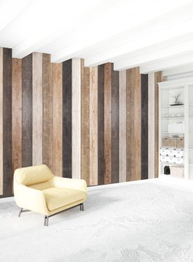 Beyaz yatak odası en az stil iç tasarım ahşap duvar ile. 3D render. 3D çizim