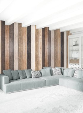 Beyaz yatak odası en az stil iç tasarım ahşap duvar ve gri Kanepeli. 3D render. 3D çizim