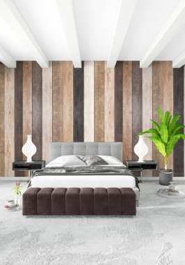 Beyaz yatak odası en az stil iç tasarım ahşap duvar ve gri Kanepeli. 3D render. 3D çizim
