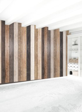 Beyaz yatak odası en az stil iç tasarım ahşap duvar ile. 3D render. 3D çizim