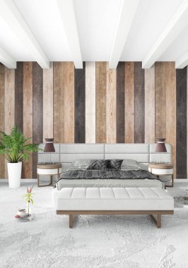 Beyaz yatak odası en az stil iç tasarım ahşap duvar ve gri Kanepeli. 3D render. 3D çizim