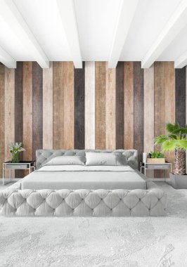 Beyaz yatak odası en az stil iç tasarım ahşap duvar ve gri Kanepeli. 3D render. 3D çizim