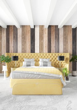 En az yatak odası iç tasarım ahşap duvar, sarı kanepe ve boş bir çerçeve içine boşaltmak. 3D render. 3D çizim