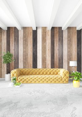En az yatak odası iç tasarım ahşap duvar, sarı kanepe ve boş bir çerçeve içine boşaltmak. 3D render. 3D çizim