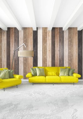 En az yatak odası iç tasarım ahşap duvar, sarı kanepe ve boş bir çerçeve içine boşaltmak. 3D render. 3D çizim