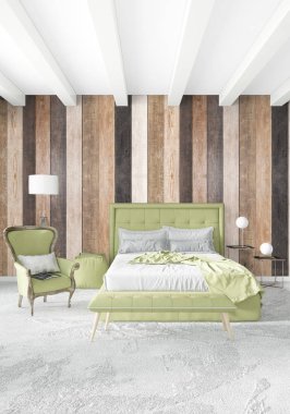 Beyaz yatak odası en az stil iç tasarım ahşap duvar ile. 3D render. 3D çizim