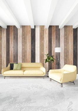 En az yatak odası iç tasarım ahşap duvar, sarı kanepe ve boş bir çerçeve içine boşaltmak. 3D render. 3D çizim