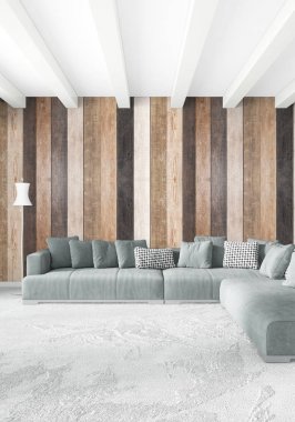 Beyaz yatak odası en az stil iç tasarım ahşap duvar ve gri Kanepeli. 3D render. 3D çizim