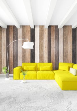 En az yatak odası iç tasarım ahşap duvar, sarı kanepe ve boş bir çerçeve içine boşaltmak. 3D render. 3D çizim