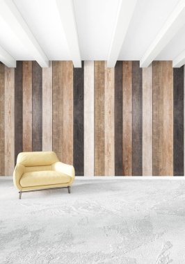 En az yatak odası iç tasarım ahşap duvar, sarı kanepe ve boş bir çerçeve içine boşaltmak. 3D render. 3D çizim
