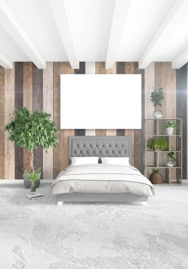 Beyaz yatak odası en az stil iç tasarım ahşap duvar ve gri Kanepeli. 3D render. 3D çizim