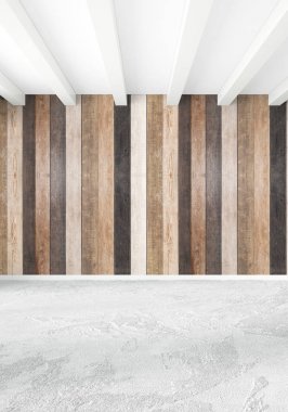 Beyaz yatak odası en az stil iç tasarım ahşap duvar ile. 3D render. 3D çizim