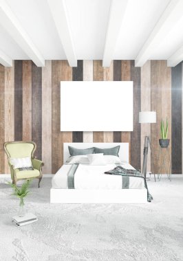 Beyaz yatak odası en az iç tasarım ahşap duvar ve boş bir çerçeve içine boşaltmak. 3D render. 3D çizim