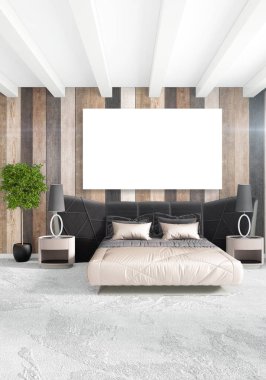 Beyaz yatak odası en az stil iç tasarım ahşap duvar ve karanlık Kanepeli. 3D render. 3D çizim