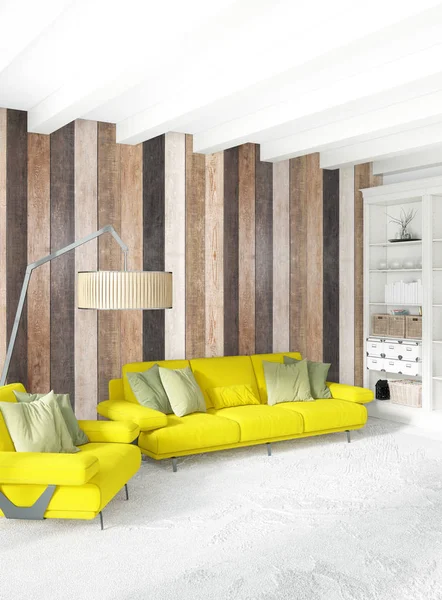 Quarto mínimo Parede de madeira de design de interiores, sofá amarelo. Renderização 3D. Ilustração 3D — Fotografia de Stock