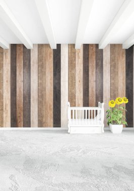 Beyaz yatak odası en az stil iç tasarım ahşap duvar ile. 3D render. 3D çizim