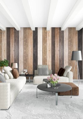 Beyaz yatak odası en az stil iç tasarım ahşap duvar ile. 3D render. 3D çizim