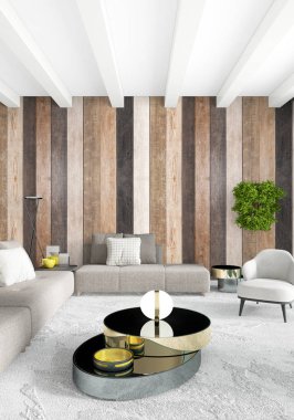 Beyaz yatak odası en az stil iç tasarım ahşap duvar ile. 3D render. 3D çizim