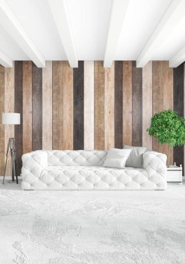 Beyaz yatak odası en az stil iç tasarım ahşap duvar ile. 3D render. 3D çizim