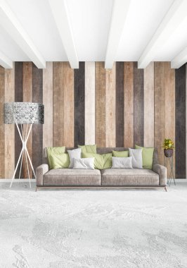 Beyaz yatak odası en az stil iç tasarım ahşap duvar ile. 3D render. 3D çizim