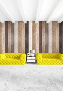 En az yatak odası iç tasarım ahşap duvar, sarı kanepe ve boş bir çerçeve içine boşaltmak. 3D render. 3D çizim