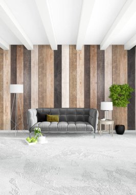 Beyaz yatak odası en az stil iç tasarım ahşap duvar ile. 3D render. 3D çizim