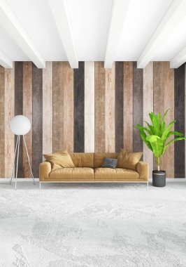 Beyaz yatak odası en az stil iç tasarım ahşap duvar ile. 3D render. 3D çizim