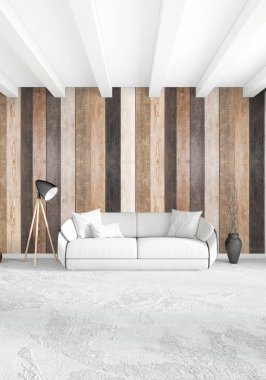 Beyaz yatak odası en az stil iç tasarım ahşap duvar ile. 3D render. 3D çizim