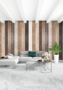 Beyaz yatak odası en az stil iç tasarım ahşap duvar ve gri Kanepeli. 3D render. 3D çizim
