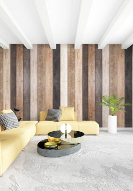 En az yatak odası iç tasarım ahşap duvar, sarı kanepe ve boş bir çerçeve içine boşaltmak. 3D render. 3D çizim