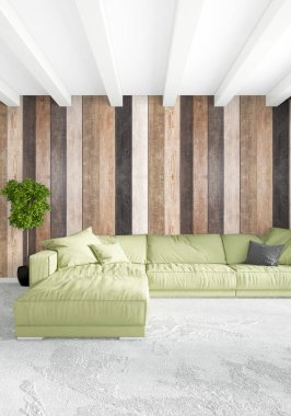 Beyaz yatak odası en az stil iç tasarım ahşap duvar ile. 3D render. 3D çizim