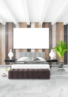 Beyaz yatak odası en az stil iç tasarım ahşap duvar ve gri Kanepeli. 3D render. 3D çizim
