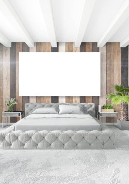 Beyaz yatak odası en az stil iç tasarım ahşap duvar ve gri Kanepeli. 3D render. 3D çizim