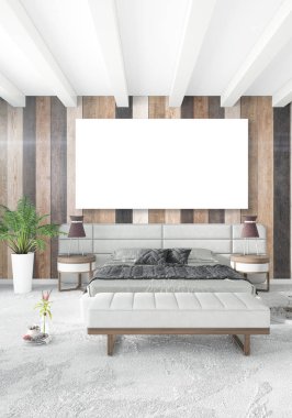 Beyaz yatak odası en az stil iç tasarım ahşap duvar ve gri Kanepeli. 3D render. 3D çizim