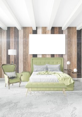 Beyaz yatak odası en az iç tasarım ahşap duvar ve boş bir çerçeve içine boşaltmak. 3D render. 3D çizim